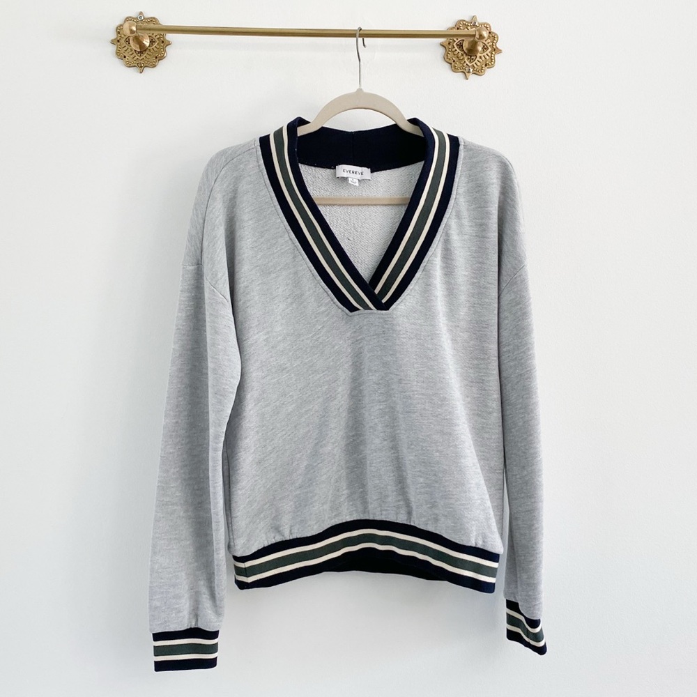 Evereve Light Gray V-Neck Sweatshirt with Striped Trim